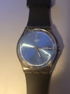 Y2K Swatch Silver-Blue Dial Watch with Black Strap See Through Body Mechanism